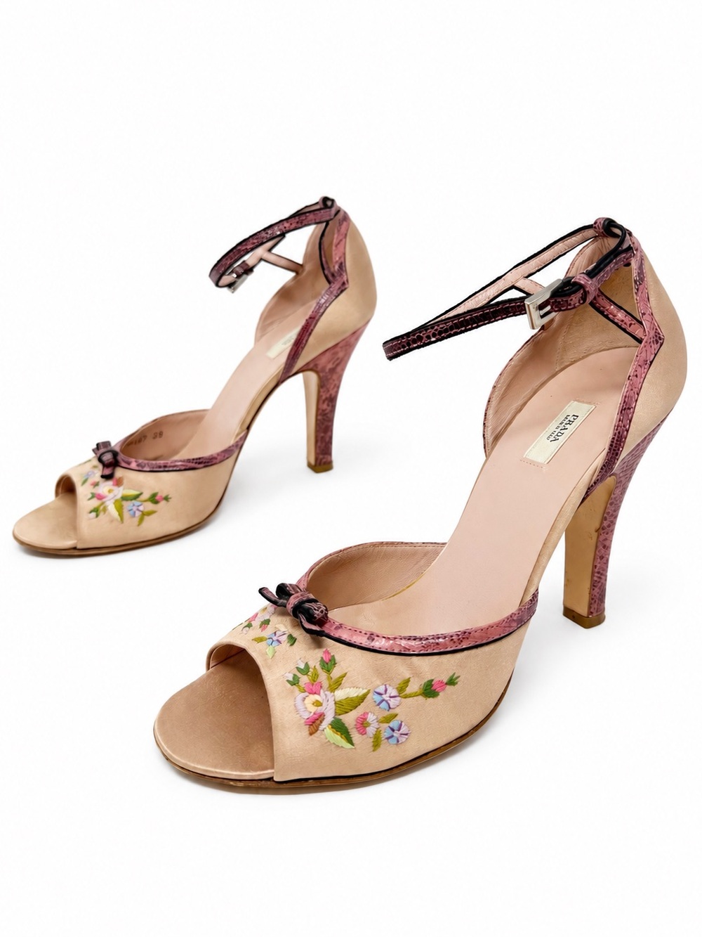 Vintage Prada Floral Embroidered Pink Satin Heels Womens Size EU 39